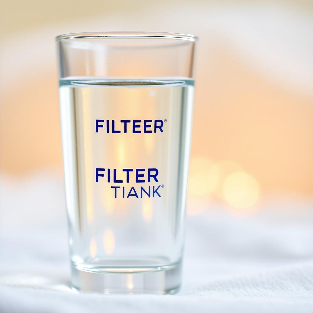 A detailed close-up view of a child's drinking glass filled with crystal clear, filtered water. The FILTER TANK brand logo is prominently displayed on the side of the glass, showcasing its quality filtration system. The glass is positioned on a soft, blurred background, with gentle warm lighting illuminating the water, creating a serene and inviting atmosphere. The image conveys the purity and safety of the filtered water, highlighting its importance for the health and well-being of children and infants.