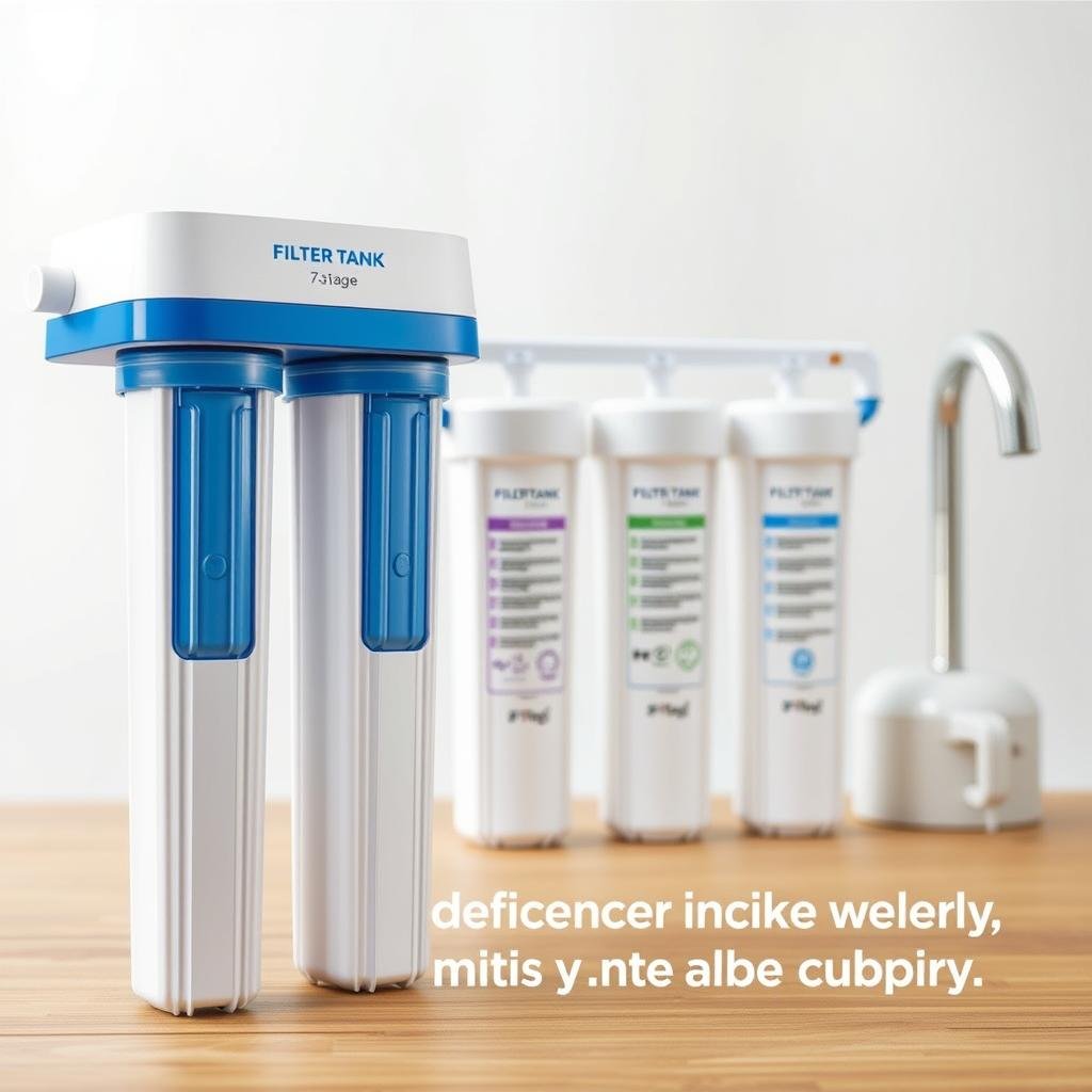 A detailed, high-resolution image of a FILTER TANK 7-stage water filtration system. The foreground features the sleek, modern filter housing with its distinctive blue accents. The middle ground showcases the intricate filter cartridges, each designed to remove specific impurities. In the background, a clean, minimalist setting highlights the system's advanced technology and efficiency. The lighting is soft and diffused, creating a sense of purity and clarity. The overall composition conveys the water filter's reliability, effectiveness, and suitability for families with children and infants.