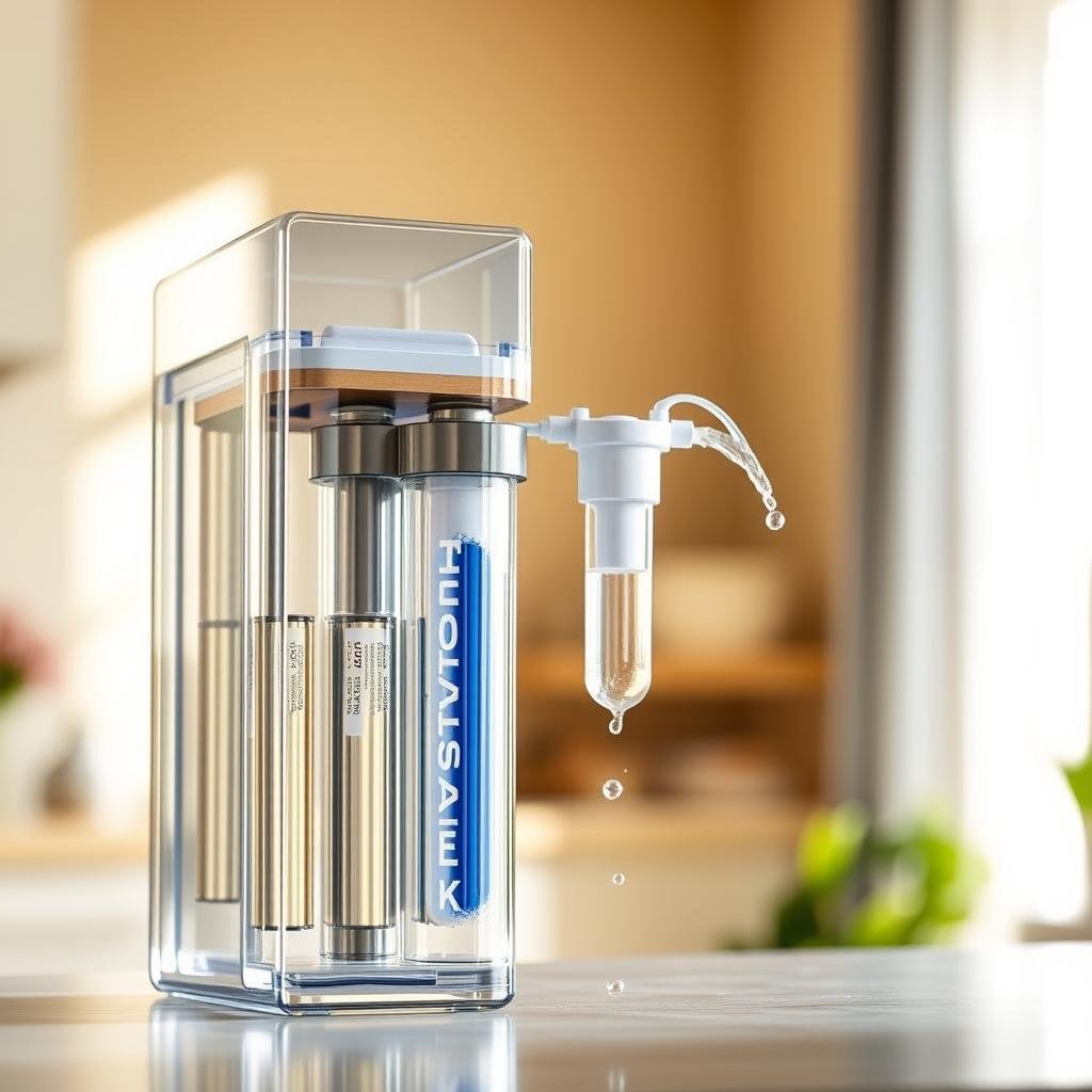 A glass-encased reverse osmosis water filter system, the FILTER TANK, stands prominently in the foreground. Its sleek, modern design showcases the intricate filtration process within. The middle ground reveals the various stages of purification, with water flowing through membranes and cartridges, visually demonstrating the advanced filtration technology. In the background, a soft, blurred backdrop evokes a sense of purity and cleanliness, emphasizing the importance of providing the highest quality water for infants and children. Warm, natural lighting bathes the scene, creating a welcoming and reassuring atmosphere, underscoring the necessity of this specialized filtration system for the health and wellbeing of young ones.