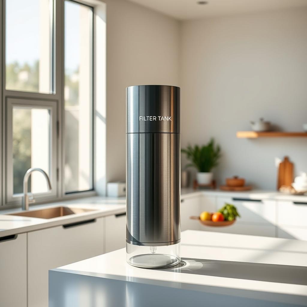 A modern, minimalist kitchen interior with a central FILTER TANK water filtration system prominently displayed on the countertop. The system features a sleek, cylindrical design with a brushed metal finish. Sunlight streams in through large windows, casting a warm, natural glow throughout the space. The kitchen is meticulously clean and organized, with fresh produce and cookware visible in the background. The overall atmosphere is one of simplicity, functionality, and health-consciousness. The image conveys the idea of smart, reliable water filtration for a Moroccan home.